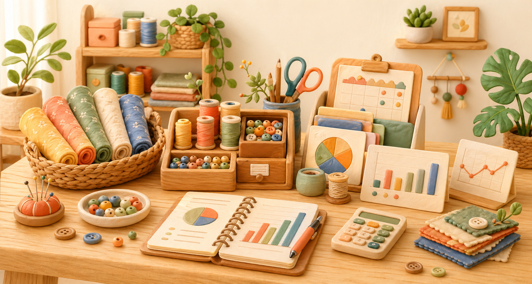 整洁的手作工作台、材料和经营图表插画